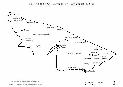 Mapa das mesorregiões do Acre com municípios.