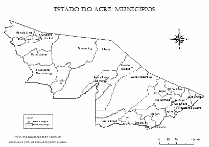 Mapa do Acre com nomes de todos os municípios.