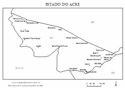 Mapa do Acre com vizinhos e nomes das cidades.