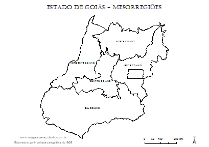 Mapa de Goiás com divisão das mesorregiões.