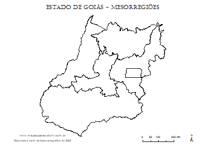 Mapa de Goiás com divisão das mesorregiões para completar com nomes.