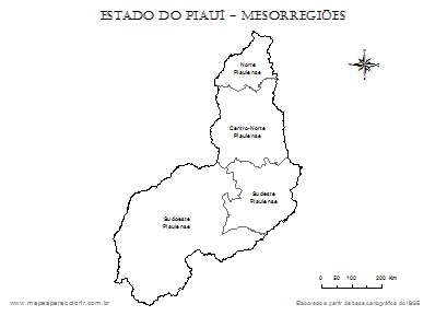 Mapa do Piauí dividido em mesorregiões com nomes.