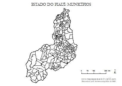 Mapa do Piauí com contorno dos municípios.