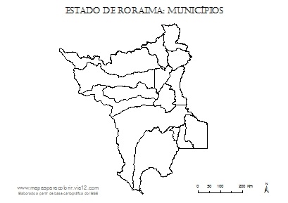 Mapa de Roraima com contorno dos municípios.