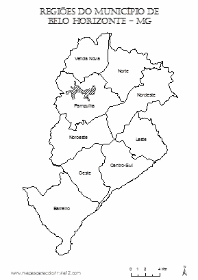Mapa de Regiões Administrativas do município de Belo Horizonte para colorir