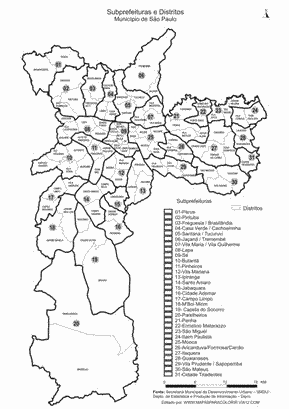 Mapa das subprefeituras e distritos do município de São Paulo para colorir