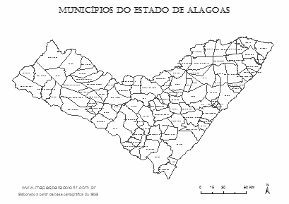 Mapa de Alagoas com nomes de todos os municípios.