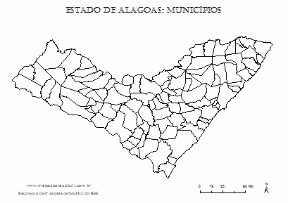 Mapa de Alagoas com contorno dos municípios.