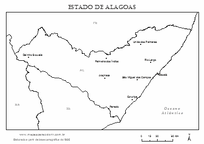 Mapa de Alagoas com cidades principais.