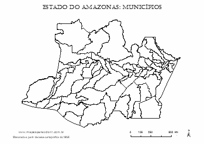 Mapa do Amazonas com contorno dos municípios.