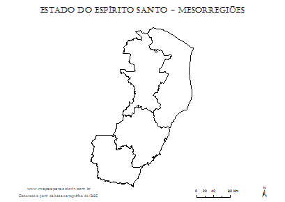 Mapa do Espírito Santo com divisão das mesorregiões para completar com nomes.