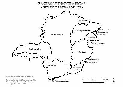 Mapa de bacias hidrográficas de Minas Gerais para imprimir e colorir.