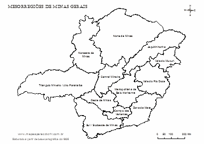 Mapa das mesorregiões de Minas Gerais com seus respectivos nomes.