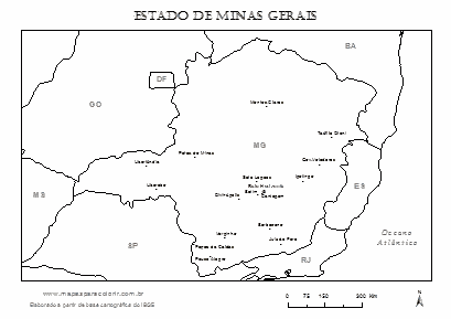 Mapa de Minas Gerais com cidades principais.