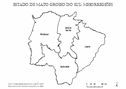 Mapa das mesorregiões de Mato Grosso do Sul para colorir.