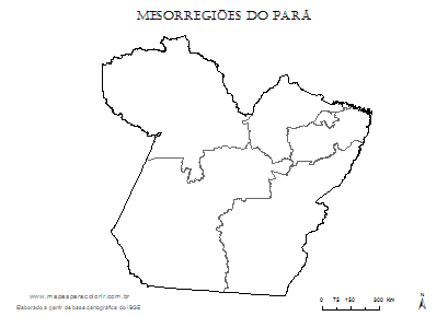 Mapa do Pará dividido em mesorregiões para completar com nomes e colorir.