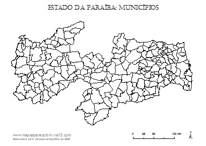 Mapa da Paraíba com contorno dos municípios.