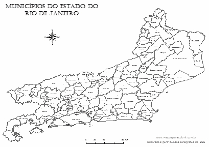 Mapa do Rio de Janeiro com nomes de todos os municípios.