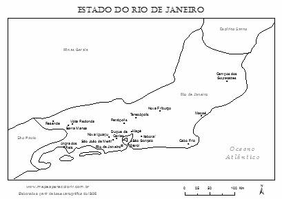 Mapa do Rio de Janeiro com cidades principais.