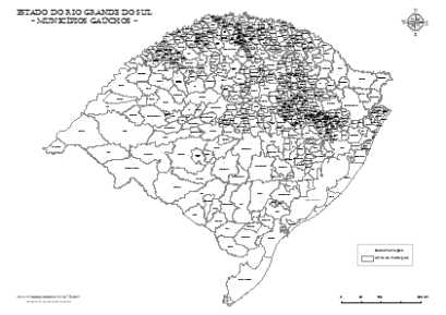 Mapa do Rio Grande do Sul com nomes de todos os dos municípios.