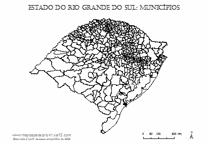 Mapa do Rio Grande do Sul com contorno dos municípios.