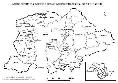 Mapa da Mesorregião Metropolitana de São Paulo, inclui a Baixada Santista.