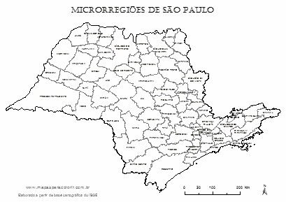 Mapa das microrregiões do estado de São Paulo com nomes para colorir.