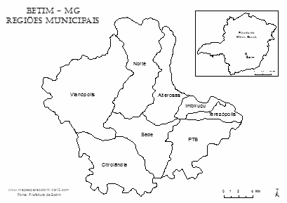 Mapa do município de Betim com divisão por regiões para colorir.
