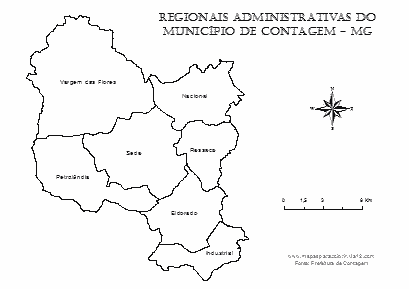 Mapa do município de Contagem com divisão por regionais para colorir.