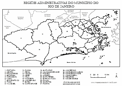Mapa de Regiões Administrativas do Município do Rio de Janeiro para colorir