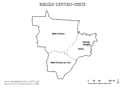 Mapa da Região Centro-Oeste com nomes dos estados.