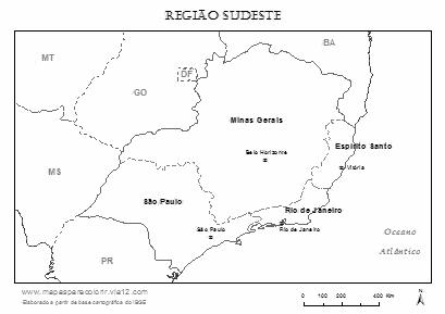 Mapa da Região Sudeste com estados e capitais para colorir.