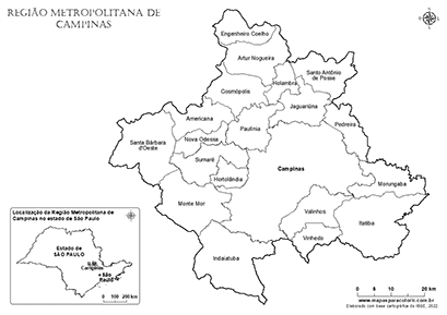 Mapa da Região Metropolitana de Campinas com localização no estado de São Paulo para colorir.