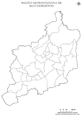 Mapa da Região Metropolitana de Belo Horizonte sem nomes dos municípios.