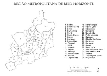 Mapa de municípios da Região Metropolitana de Belo Horizonte.