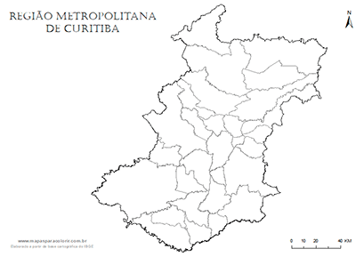 Mapa da Região Metropolitana de Curitiba sem nomes para colorir e completar.