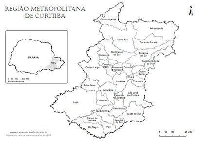 Mapa da Região Metropolitana de Curitiba com contorno dos municípios.