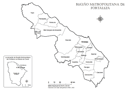 Mapa da Região Metropolitana de Fortaleza com localização no estado do Ceará para colorir.