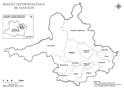 Mapa da Região Metropolitana de Manaus com localização no estado do Amazonas para colorir.