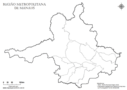 Mapa mudo da Região Metropolitana de Manaus sem nomes para colorir e completar.