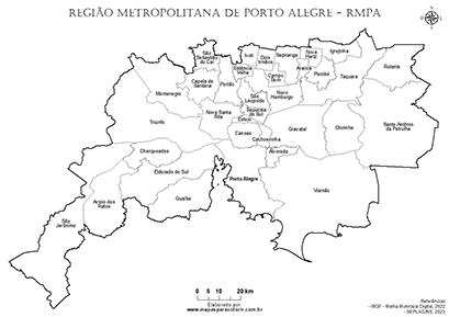 Mapa da Região Metropolitana de Porto Alegre com contorno dos municípios.