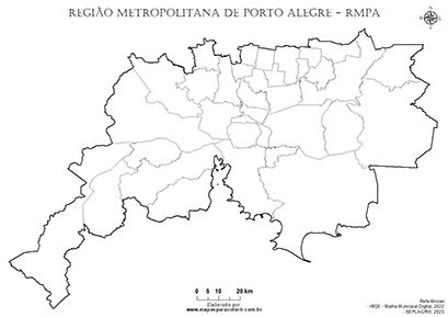 Mapa da Região Metropolitana de Porto Alegre com contorno dos municípios e sem nomes.