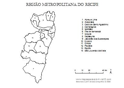 Mapa da Região Metropolitana do Recife com contorno dos municípios.