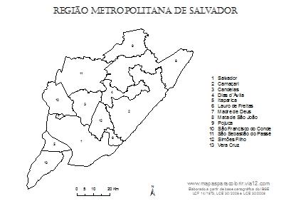 Mapa da Região Metropolitana de Salvador com contorno dos municípios.